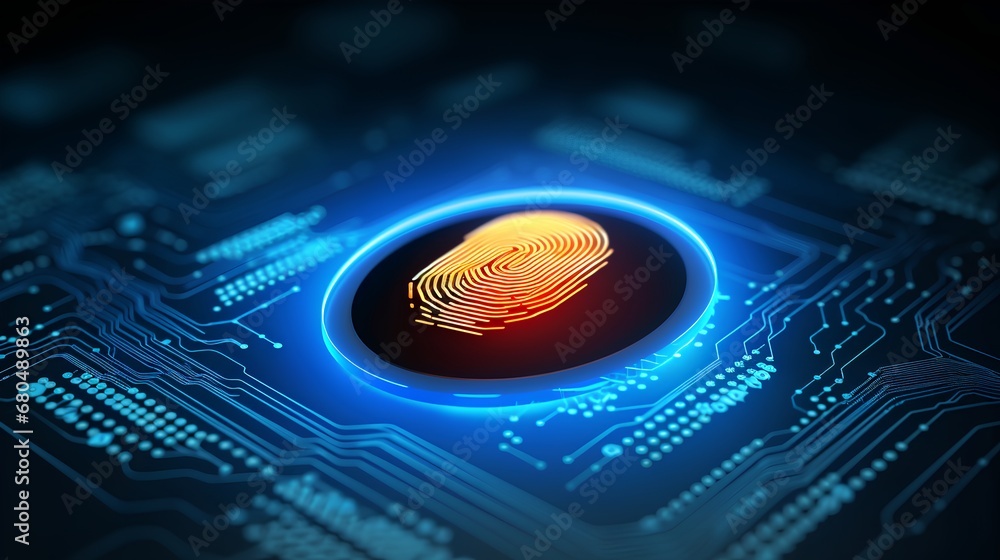 Poster a hightech digital fingerprint scanner with glowing blue interface is scanning a persons biometric i