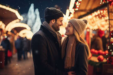 Happy couple having wonderful time on traditional Christmas market on winter evening - obrazy, fototapety, plakaty