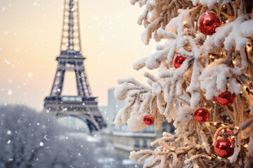 Christmas tree covered with snow and decorated with red balls, Eiffel tower in the background