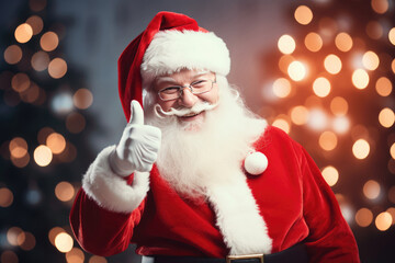 Cheerful Santa Claus in red outfit and Santa hat with thumb up and holiday lights in the background