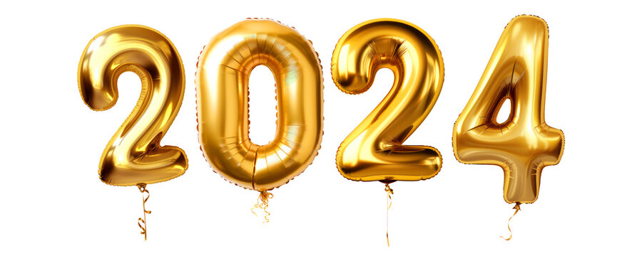 2024 in golden balloons, New Year's Eve, isolated - Powered by Adobe