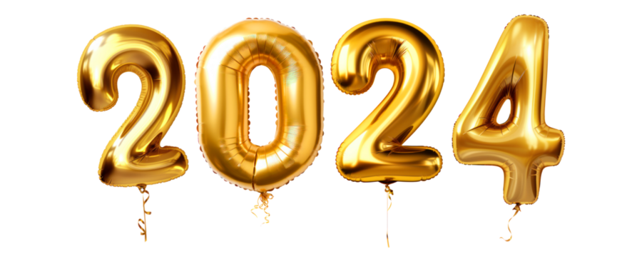 2024 in golden balloons, New Year's Eve, isolated