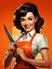 Pretty pin up young woman holding a knife. 50s style retro poster. Generative AI	