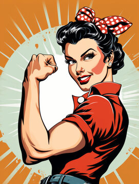 We Can Do It. Girl power advertising poster. Pop art, woman showing her biceps. Generative AI	