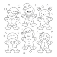 Fototapeta na wymiar Cute gingerbread characters printable coloring page, santa claus, snowman, reindeer, elf, boy and girl. Outline flat vector graphic illustration
