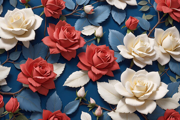 This image shows a seamless pattern of white red roses and blue leaves on a blue background. The roses are all different sizes and shapes