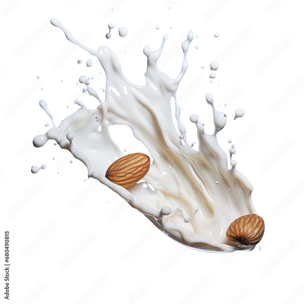 Poster almond nuts falling into milk splash isolated on transparent background. clipping path. generative a