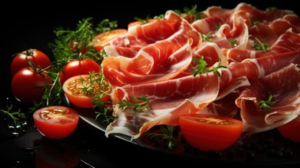Close-up of sliced Iberico ham with herbs and tomatoes, top side view. Generative AI