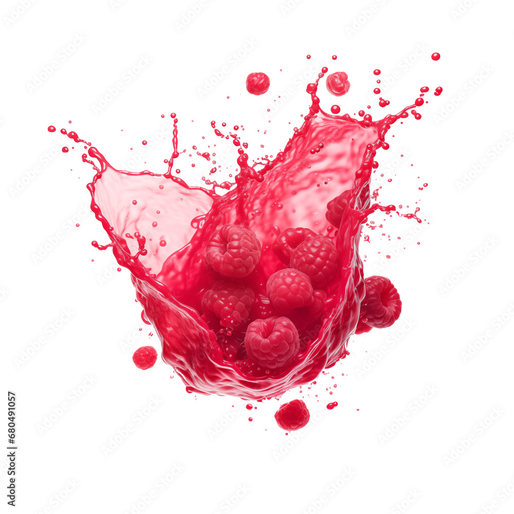 Poster sweet fresh raspberry juice or jam falling splash with raspberry. red berry juice splashing. liquid 