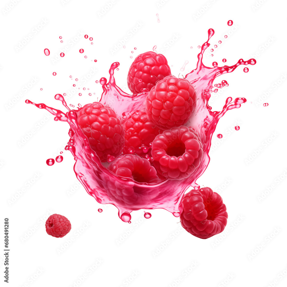 Poster sweet fresh raspberry juice or jam falling splash with raspberry. red berry juice splashing. liquid 