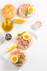 Fototapeta na wymiar Toast with Canned Tuna. Fish open sandwich with egg and cheese. 