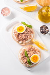 Toast with Canned Tuna. Fish open sandwich with egg and cheese. 
