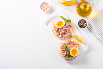 Toast with Canned Tuna. Fish open sandwich with egg and cheese. 
