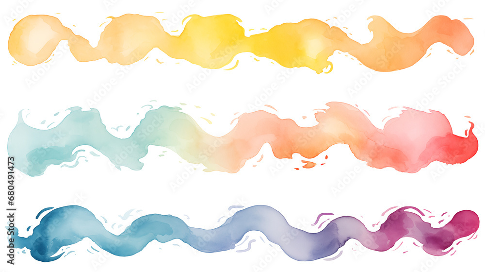 Poster set of colorful swashes, watercolor wave paint abstract border frame for design layout, isolated on 