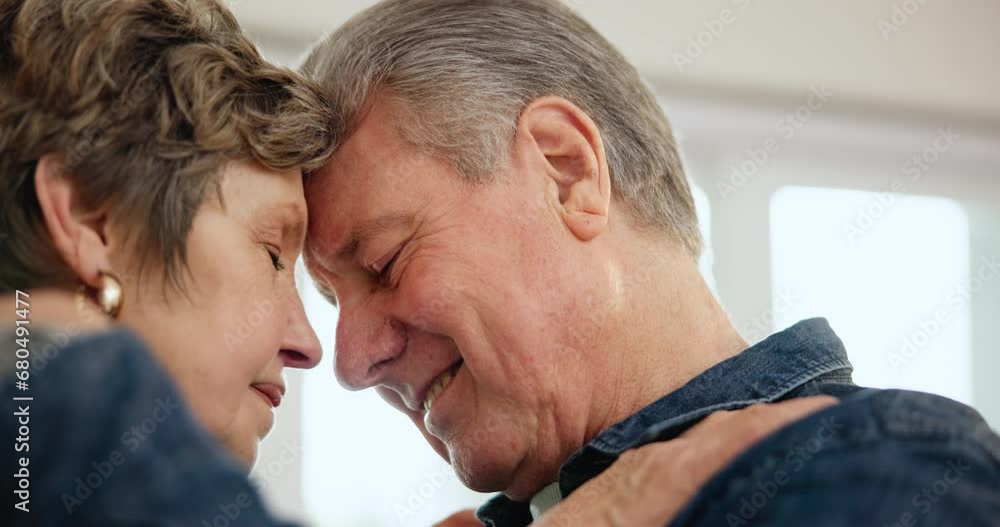 Poster Senior couple, dance hug and love closeup in a home in retirement and marriage with bonding, care and support. Trust, elderly woman and man in a living room with embrace and relax with commitment