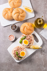 Toast with Canned Tuna. Fish open sandwich with egg and cheese. 