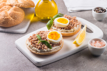 Toast with Canned Tuna. Fish open sandwich with egg and cheese. 