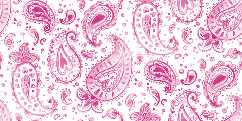 Seamless Paisley elegant Pattern. Watercolor abstract spring ornament in pink color. Repeating swirl illustration on a white background. Large format.