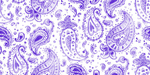 Seamless Paisley Christmas New Year Pattern. Watercolor abstract winter ornament in purple color. Repeating swirl illustration on a white background. Large format.