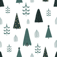 Christmas seamless pattern, with a tree, a pine tree, a festive atmosphere, a magic forest.