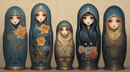 A collection of vintage, hand-painted nesting dolls. Digital concept, illustration painting.
