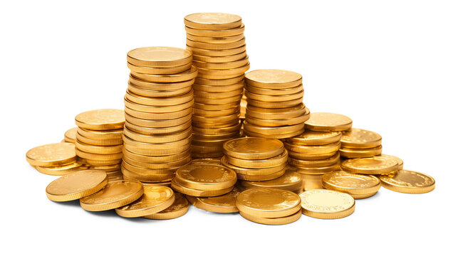 A lot of stacking gold coins, and treasure on transparent background. Generative AI