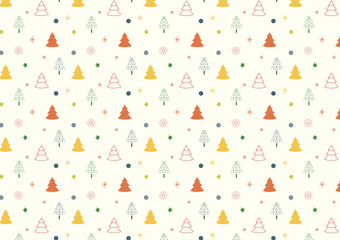 Christmas trees and snowflakes, background. Vector, flat pattern with white Christmas trees and snowflakes on cream background.