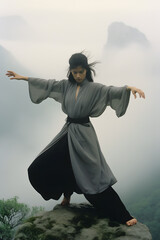 Woman doing tai chi exercise on a foggy mountain