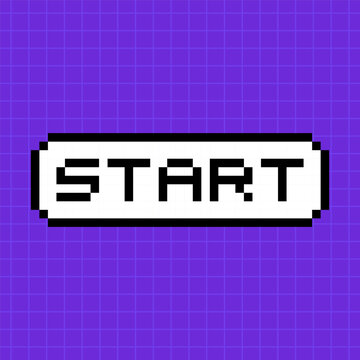 Pixel button with the inscription start in 8-bit style isolated on a bright purple background. A pop-up dialog box with a caption in an old retro game.