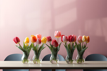 Colorful tulips in vases on a light pink background generated AI