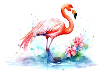 cartoon watercolor flamingo character on white background - obrazy, fototapety, plakaty