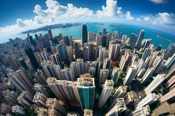 View from below of city landscape with blocks and buildings.