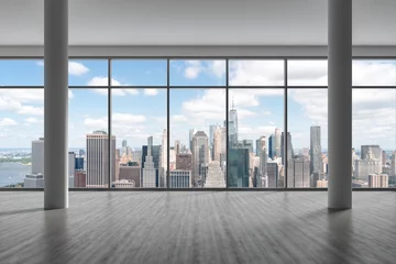 Fotobehang Downtown New York Lower Manhattan City Skyline Buildings from High Rise Window. Beautiful Expensive Real Estate. Empty room Interior Skyscrapers View Cityscape. Financial district. Day. 3d rendering. © VideoFlow