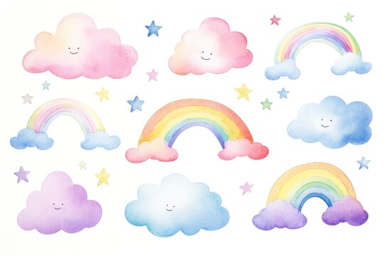 watercolor rainbow with clouds and stars on white background