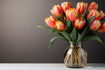 Tulips in vase on a gray background generated AI