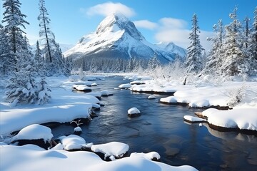 Fototapeta na wymiar Serene Winter Wonderland. Majestic Mountains and Tranquil River Amidst Snow-Covered Landscape