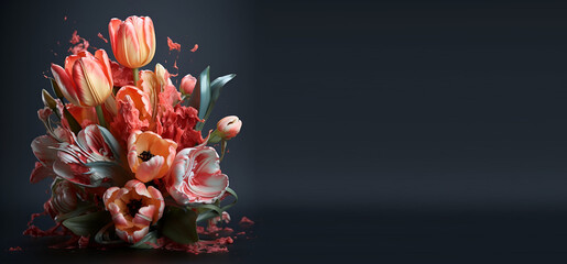 Bouquet of flowers on gray background with empty space generated AI