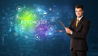 Businessman thinking about modern technology