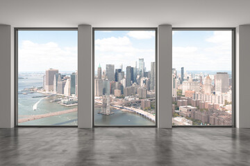 Downtown New York Lower Manhattan City Skyline Buildings from High Rise Window. Beautiful Expensive Real Estate. Empty room Interior Skyscrapers View Cityscape. Financial district. Day. 3d rendering.