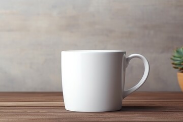 Fototapeta na wymiar Empty blank mock up of white ceramic coffee mug on wooden table