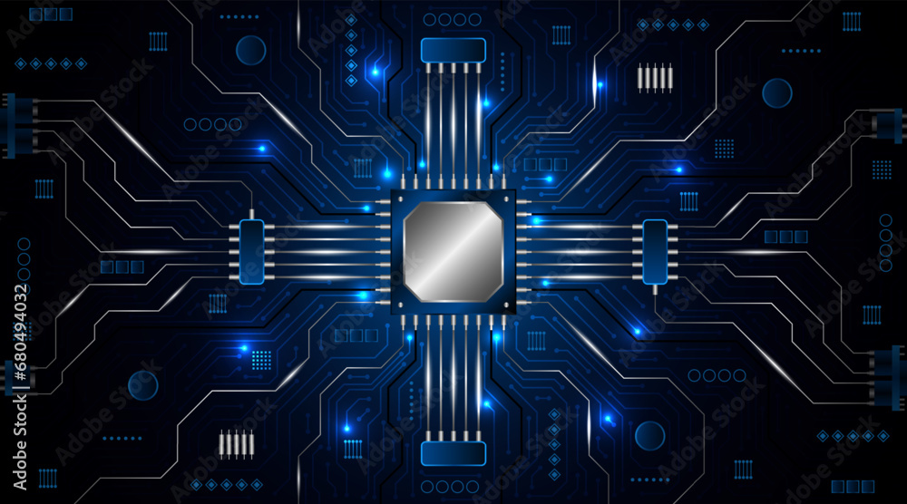 Poster Microchip processor circuit board technology on dark blue background. Information Processing Concept. Circuit board hi-tech technology background. vector illustration
