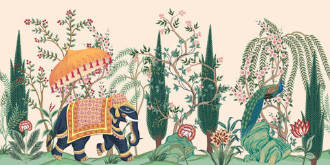 Indian elephant, peacock, tree, flower , plant floral seamless border pink background. Vintage botanical garden mural. - obrazy, fototapety, plakaty
