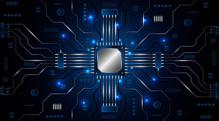 Obraz premium Microchip processor circuit board technology on dark blue background. Information Processing Concept. Circuit board hi-tech technology background. vector illustration 