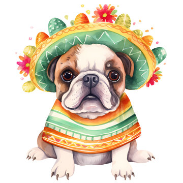 Cute Bulldog Dog Mexican Watercolor Clipart Illustration