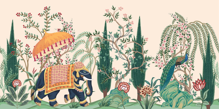 Indian elephant, peacock, tree, flower , plant floral seamless border pink background. Vintage botanical garden mural.