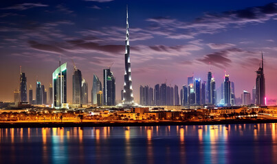 Obraz premium A city skyline with a group of illuminated skyscrapers at night.