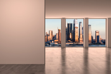 Midtown New York City Manhattan Skyline Buildings from High Rise Window. Mockup white wall. Real...