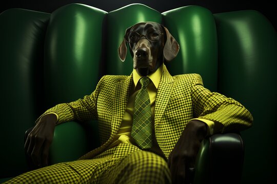 A Dapper Canine in a Suave Suit and Classy Tie. A dog dressed in a suit and tie. A Sophisticated Canine in Formal Attire Enjoying a Moment of Relaxation