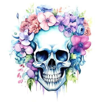 watercolor skull with flowers on white background.