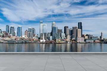 Skyscrapers Cityscape Downtown, Seattle Skyline Buildings. Beautiful Real Estate. Day time. Empty rooftop View. Success concept. - obrazy, fototapety, plakaty